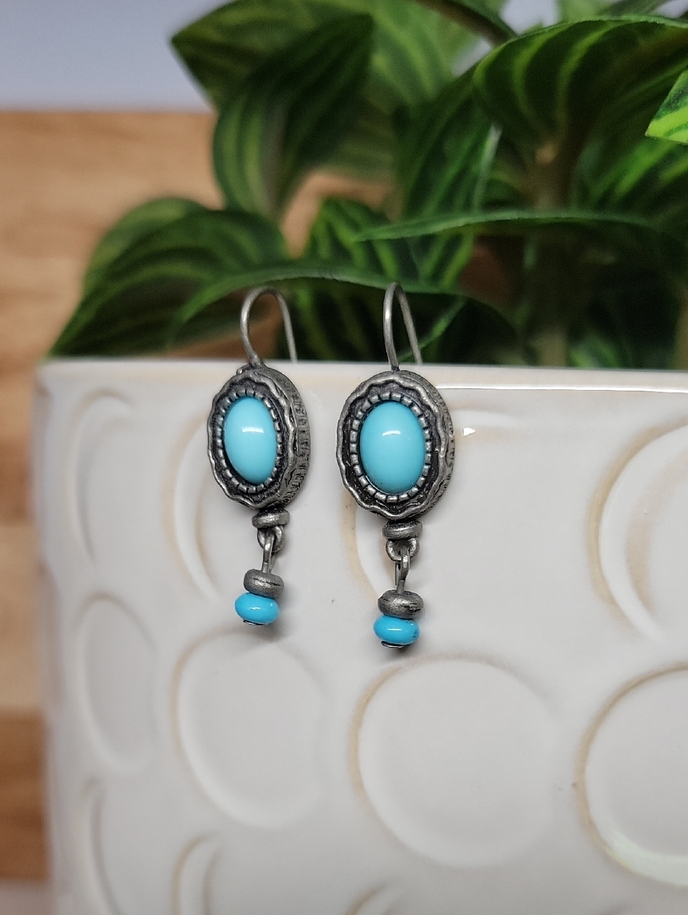 Vintage Pewter Turquoise Oval Drop Earrings - Blue Silver Tone